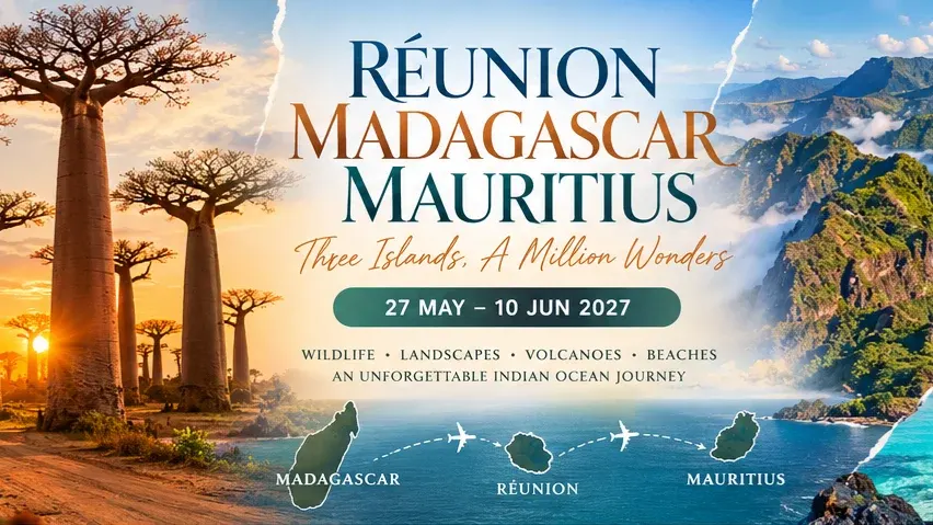A travel poster for a 2027 tour featuring baobab trees, a coastal mountain, and a map of Madagascar, Réunion, and Mauritius.